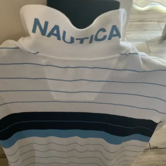 Men’s used white blue striped a bit trimmer Nautica size XL polo shirt - Picture 3 of 5